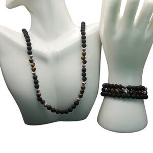 NWT 4 Pack Handmade Natural Stone Black Lava Coffee Stripe  Beaded Jewelry Set